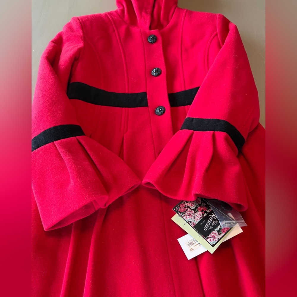Rothschild Wool Velvet Hood Detail VTG Swing Peacoat Girls Sz 14 Scarlet Red NWT - Picture 3 of 16